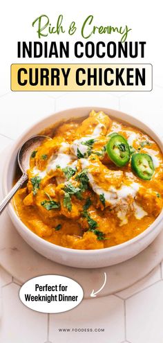 Perfect for weeknight dinners, this Creamy Indian Coconut Curry Chicken is so quick and easy to make! Aromatic spices like curry powder, turmeric, and cayenne pepper mix with rich coconut milk for an irresistibly creamy sauce. Serve it with steamed basmati rice, naan bread, paratha, or roti. This delicious chicken curry also pairs well with a tangy cucumber salad or beans stir fry. Great family friendly meals or for special occasions. Find the full coconut chicken curry recipe on my blog! Chicken Indian Food, Thai Chicken Curry With Coconut Milk, Instant Pot Coconut Curry Chicken, Easy Chicken Curry Recipe, White Curry, Curry Chicken Recipe