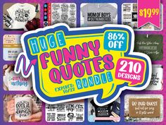 an advertisement for the huge funny quotes bundle is shown in pink, blue and yellow