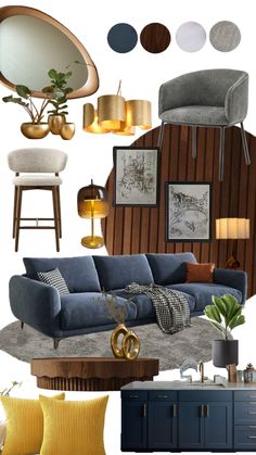 a living room with blue couches, yellow pillows and gold accents on the walls