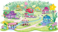 a drawing of an amusement park with lots of colorful buildings and flowers on the ground