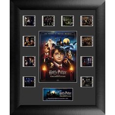 the movie poster for harry potter is framed in a black frame with film striping