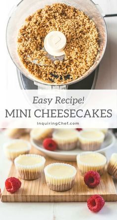 mini cheesecakes in a food processor with raspberries on the side and text overlay