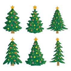 six christmas trees with lights on them and stars in the top right hand corner,