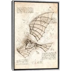 a framed drawing of a flying device with blueprints on the bottom and sides