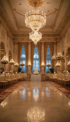 an elegant ballroom with chandeliers and tables