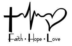 the word faith hope love with a heart and cross on it's side in black ink