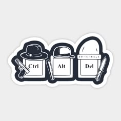 three stickers with hats and items in black on a white background, one has the word art written across it