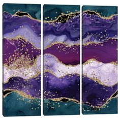 three purple and gold abstract paintings