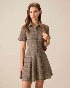 Women's Brown Plaid Lapel Pleated Mini Dress & Reviews - Brown - Dresses | RIHOAS Cute Winter Dresses, Brown Plaid Dress, Winter Styling, Brown Dresses, Pleated Mini Dress, Long Sleeve Knit Dress, Beige Dresses, Brown Tones, Long Sleeve Short Dress