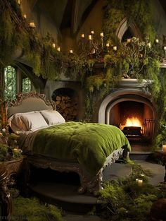 a bedroom decorated in green and white with candles on the fireplace, surrounded by greenery