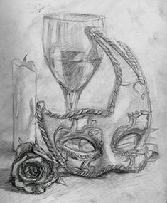 a drawing of a mask, candle and rose on a table with an ink pen