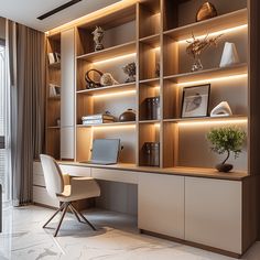 a modern home office with built - in shelving units and lighting on the walls