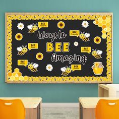 there is a black board with bees and honeycombs on it that says, ways to be amazing