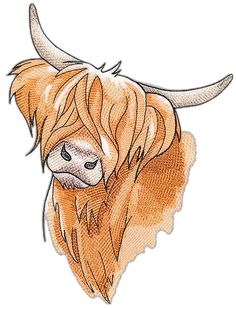 a drawing of a cow with long hair on it's head and horns is shown