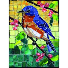 a stained glass window with a bird sitting on a branch in front of pink flowers