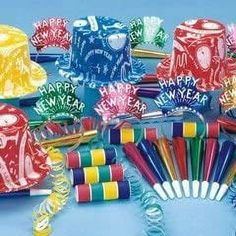 many different types of party hats and streamers