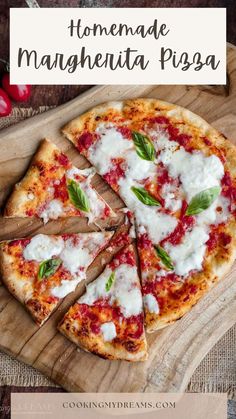 homemade margarita pizza on a wooden cutting board with text overlay that reads homemade magnagenta pizza