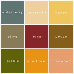 the color scheme for wine, pecan, pickle, sunflower, rosewood and elderberry