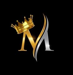 the letter m with a crown on top of it, in gold and silver colors