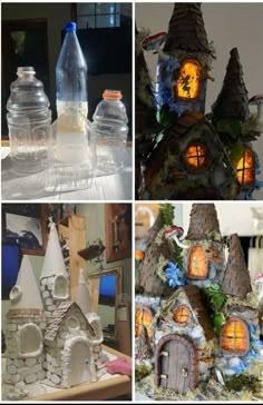 there are four pictures of different houses made out of plastic bottles and water bottles with lights on them