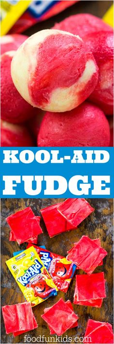 some kind of food that is on top of a table with the words kool aid fudge