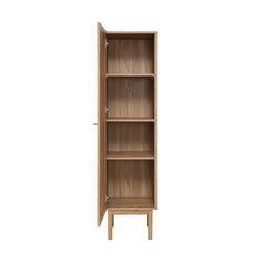 a wooden bookcase with three shelves on one side and two drawers on the other