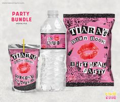 a pink party package with two bottles and a bag