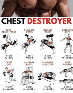 a man doing chest workouts with the text chest destroyer above him and below it