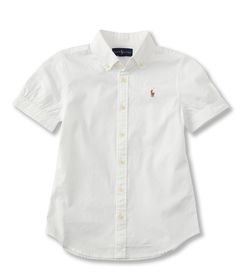 From Polo Ralph Lauren&#x2C; this shirt features:Oxford fabricbutton down collarPuffed short sleevesSignature embroidered pony at the left chestButton front closureshirred back yokeshirttail hemsize 12 as a 23" body lengthCottonMachine washImported. White Ralph Lauren Shirt, Oxford Shirt Women, Ralph Lauren Shirt Women, Ralph Laurent, Polo Shirt Outfits, Kids Uniforms, Polo Ralph Lauren Kids, Tokyo Street Style, Short Sleeve Shirt Women