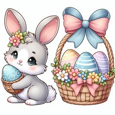 a cute little bunny sitting next to an easter basket