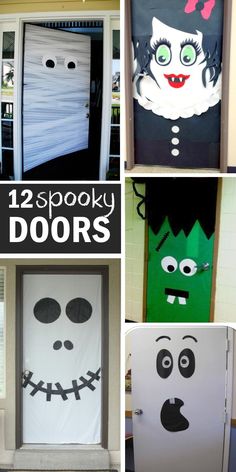 halloween door decorations with the words, 12 spooky doors in different styles and colors