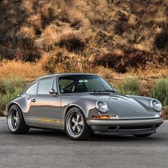 a grey porsche sits parked in front of some bushes and grass on the side of the road