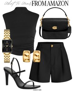 All Black Outfits For Women Summer, Wide Belt Outfit, Gold And Black Outfit, All Black Summer Outfits, Black Fashion Outfits, Chic Outfits Summer, Look Com Short, Looks Com Short, Look Working Girl