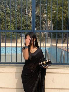 Black Saree Aesthetic, Black Saree Designs, Saree Aesthetic, Couples Hidden Face Pics, Desi Outfits, Fancy Sarees Party Wear, Saree Poses, Best Friend Poses, Traditional Outfit