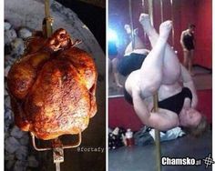 two pictures one shows a man on a swing and the other shows a turkey hanging upside down