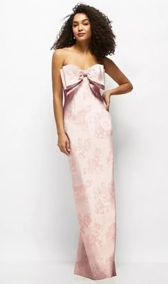 Strapless Floral Satin Column Maxi Bridesmaid Dress With Oversized Bow In Bow And Blossom Print | The Dessy Group Dessy Group Bridesmaid Dresses, Print Bridesmaid Dresses, Green And Pink Dress, Dessy Bridesmaid Dresses, Light Pink Bridesmaid Dresses, Patterned Bridesmaid Dresses, Fun Dresses, Beaded Bridesmaid Dress, Sorority Formal