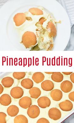 there is a white plate with some food on it and the words pineapple pudding