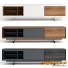 three different types of modern furniture with wood and metal accents, including two shelves and one shelf