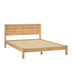 a wooden bed frame with slatted headboard and foot board