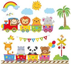 children's wall decals with animals riding on a train and rainbows in the sky