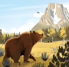 there is a bear that is walking in the grass near trees and bushes with mountains in the background