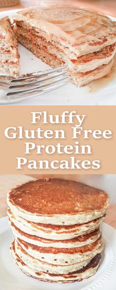 fluffy gluten free protein pancake recipe on a white plate with a fork