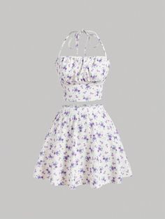 Morado Bohemio Collar   Plantas,floral de margarita,Estampado Integral  Embellished Estiramiento medio Skirt Set Summer, Boho Plants, Drawing Anime Clothes, Halter Tops, Ditsy Floral, Anime Outfits, Two Piece Outfit