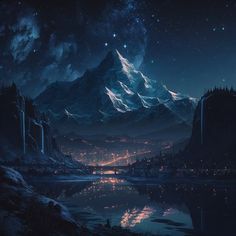 the night sky is lit up with stars and lights in the mountains, as well as water