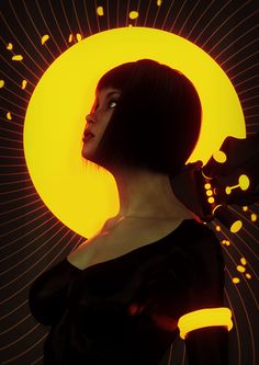 a woman standing in front of a yellow sun with her head turned to the side