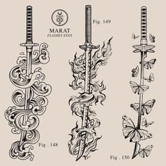 three different types of swords with designs on them