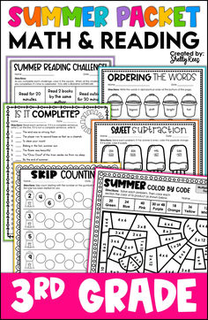 three summer packet math and reading activities for 3rd grade students with the text, 3 rd grade