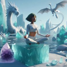 a woman sitting on top of an ice block next to a white dragon and crystal crystals