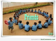 a group of children sitting in the middle of a circle with words friends written on it