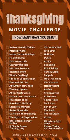 the thanksgiving movie challenge is shown in this graphic style, with an orange and brown striped background